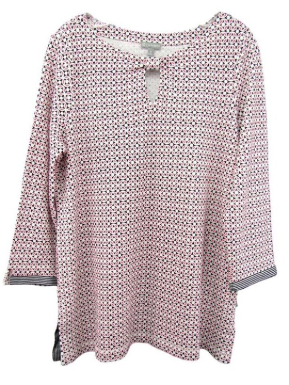 T by Talbots Black Pink Geometric Keyhole Front Tunic Top Womens Size M Cotton